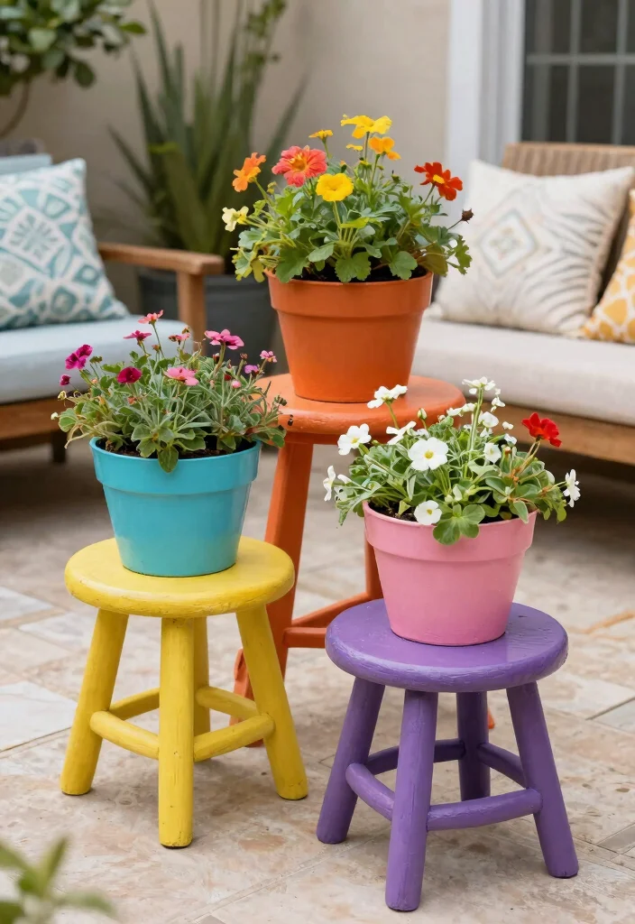 18 Dollar Tree Outdoor Decor Ideas That Actually Look Expensive - 12. Garden Stool Planters 1